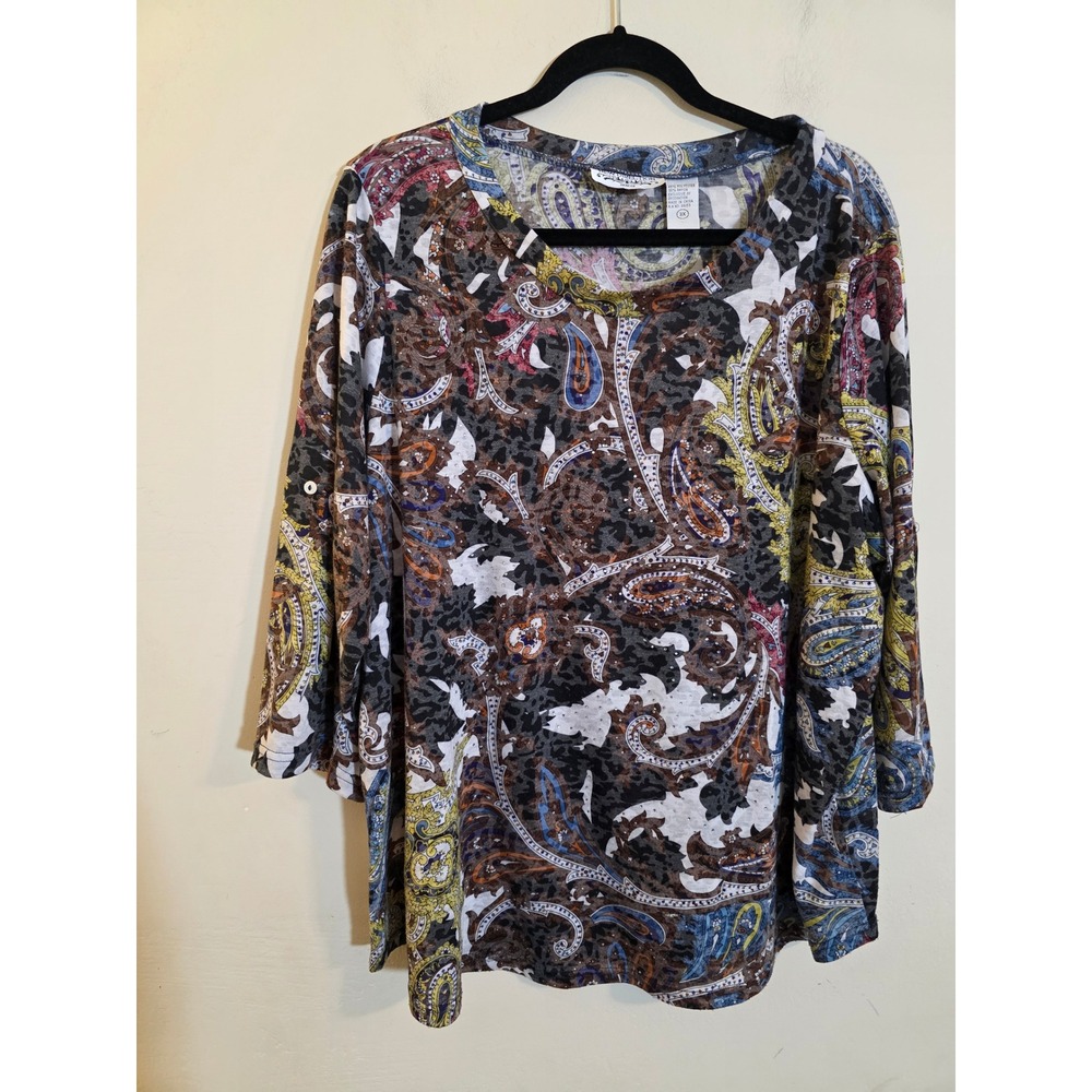 New Direction Woman Paisley Leopard Print 3/4 Sleeve Top Rhinestone 3X Boho